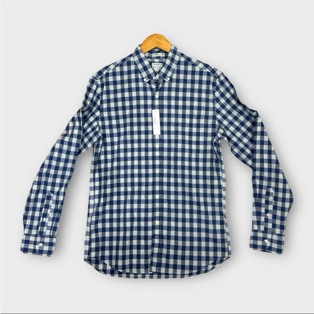 J Crew Secret Wash 98% Organic Cotton Stretch Shirt Mens Medium Blue Check NWT